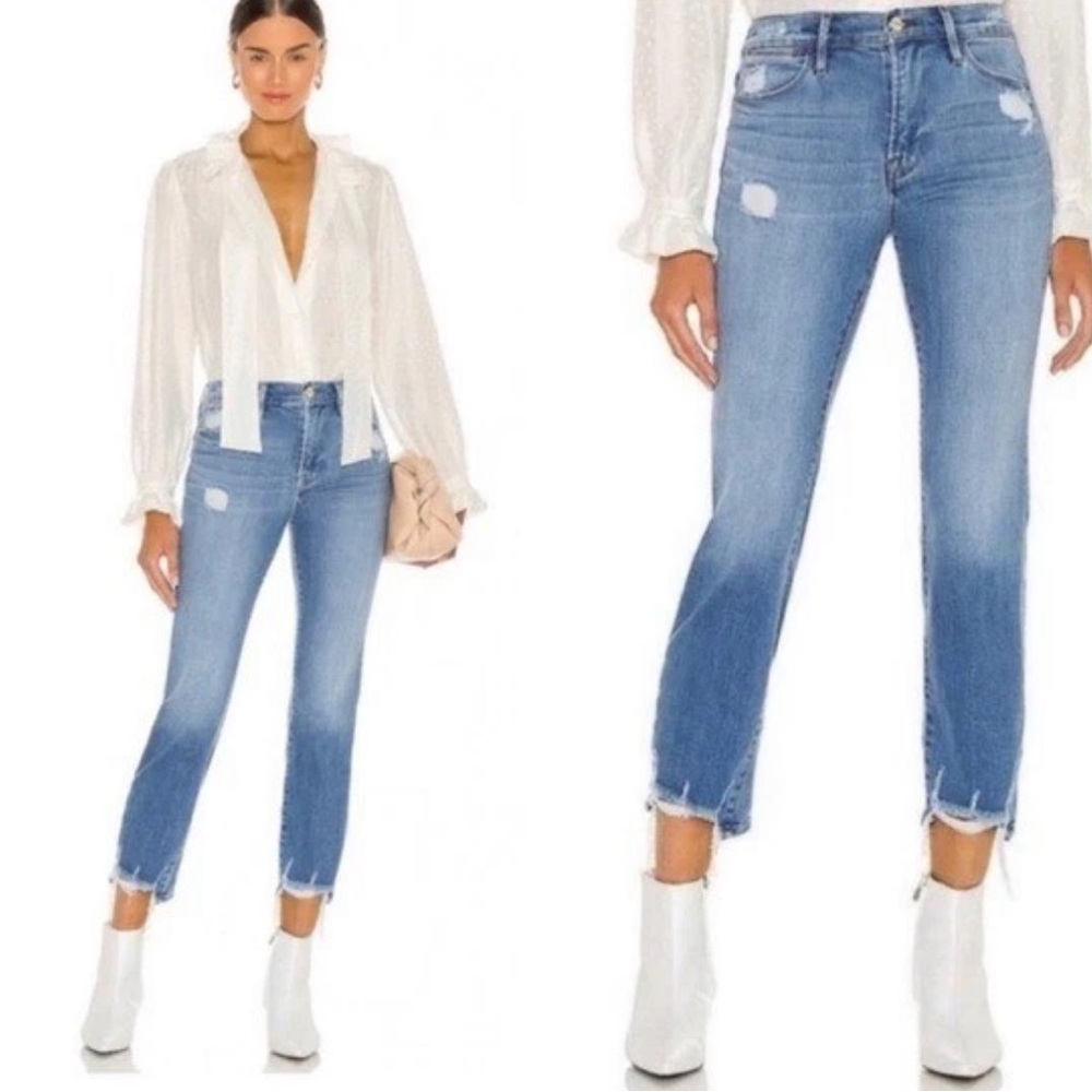 Frame Denim Le High Straight Jeans in Laskey Rips